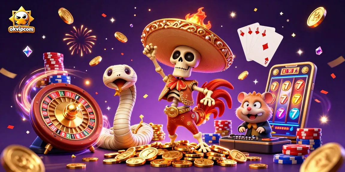 Experience the excitement of okvipcom through a vibrant illustration featuring a festive casino scene.